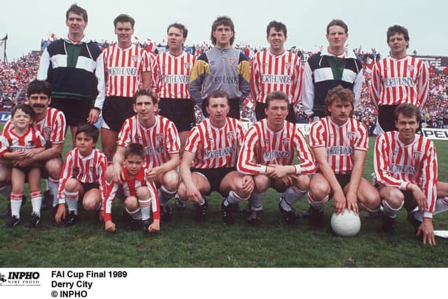 The Derry City team ahead of the 1989 FAI Cup  Final which completed the treble.
