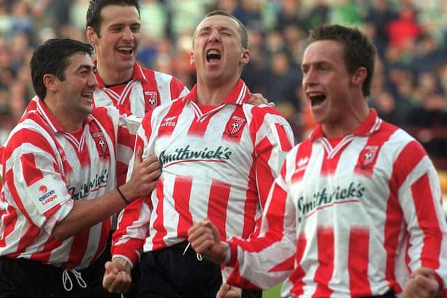 Derry City legend, Liam Coyle celebrates his winning goal in the 2002 FAI Cup Final against Shamrock Rovers - his most enjoyable goal.