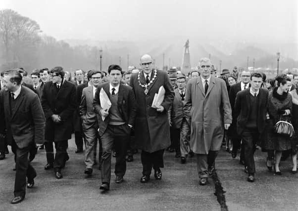 1965... John Hume, Mayor Albert Anderson and Eddie McAteer MP lead University for Derry campaigners to Stormont.