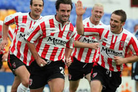 Darren Kelly runs away celebrating scoring against Shelbourne during City's FAI Cup run in 2006.