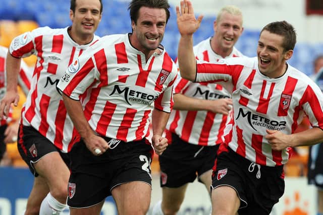 Darren Kelly runs away celebrating scoring against Shelbourne during City's FAI Cup run in 2006.