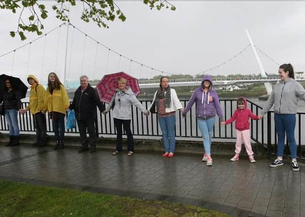 Five years ago... Protesters pictured in May 2015 demanding detox and crisis intervention services. The grassroots movement eventually led to the establishment of the Crisis Intervention Service in Derry.