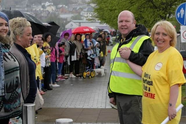 Five years ago... Protesters pictured in May 2015 demanding detox and crisis intervention services. The grassroots movement eventually led to the establishment of the Crisis Intervention Service in Derry.