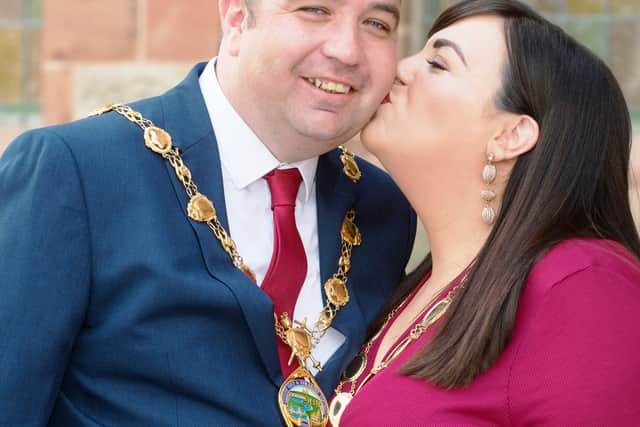 Brian Tierney receives a kiss from his wife, Cheryl, after his election last night as the new Mayor of Derry & Strabane. Picture Martin McKeown. 01.06.20