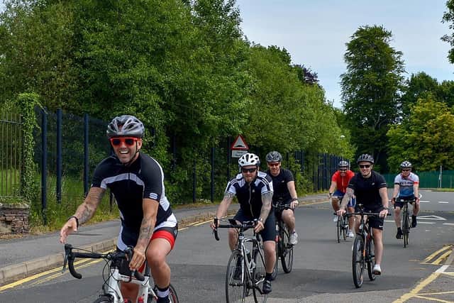 ON YER BIKE . . . cyclists get their 90 day challenge underway at Ardnashee School and College.