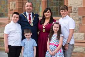 SDLP Councillor Brian Tierney who has been elected the new Mayor of Derry City and Strabane District Council pictured with the Mayoress Cheryl Tierney and their children, Ben (7), Mary Kate (8), Shane (11) and Cian (14). Picture Martin McKeown. 01.06.20