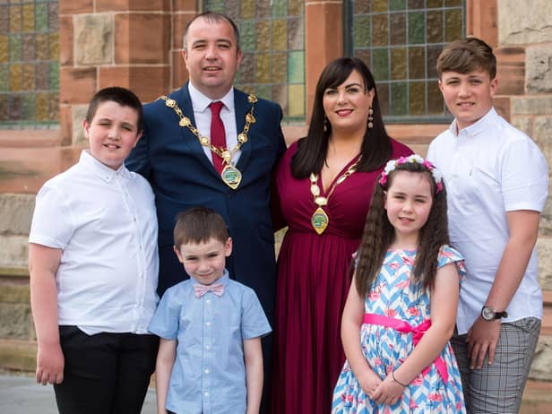 SDLP Councillor Brian Tierney who has been elected the new Mayor of Derry City and Strabane District Council pictured with the Mayoress Cheryl Tierney and their children, Ben (7), Mary Kate (8), Shane (11) and Cian (14). Picture Martin McKeown. 01.06.20