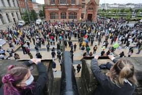 Press Eye - Belfast - Northern Ireland - 6th June 2020 - Photo by Lorcan Doherty / Press Eye.

Socially Distance Day of Solidarity Rally - Justice for George Floyd - in the Guildhall Square, Derry, organised by the North West Migrants Forum.
