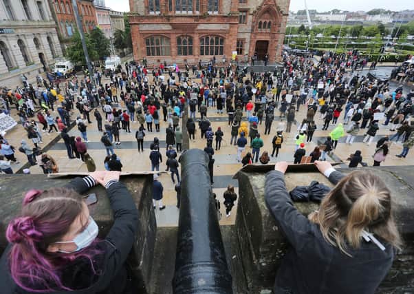 Press Eye - Belfast - Northern Ireland - 6th June 2020 - Photo by Lorcan Doherty / Press Eye.

Socially Distance Day of Solidarity Rally - Justice for George Floyd - in the Guildhall Square, Derry, organised by the North West Migrants Forum.