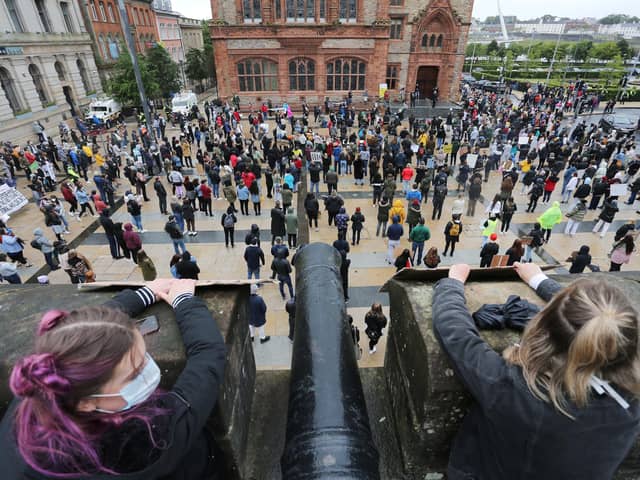 Press Eye - Belfast - Northern Ireland - 6th June 2020 - Photo by Lorcan Doherty / Press Eye.Socially Distance Day of Solidarity Rally - Justice for George Floyd - in the Guildhall Square, Derry, organised by the North West Migrants Forum.
