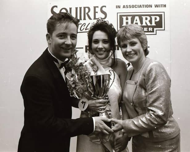 Michelle Doherty, with comperes Shaun Doherty and Pamela Ballantine, after being crowned Miss Derry 1995 at the final of the competition in Squires.