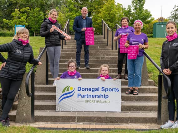 Donegal Sports Partnership are providing the head scarves for participants in this years Run Donegal Womens 5K. They were presented to the race organisers at Letterkenny Town Park on Tuesday. Included are Donegal Sports Partnership staff members Margaret ODonnell, Karen Guthrie, Myles Sweeney and Kirsty Browne, race organisers Grace Boyle and Rosemary Foy, and Graces grandchildren, Kate and Anna.