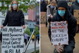 Protesters pictured with thought-provoking signs at the Black Lives Matter rally in Derry on Saturday.