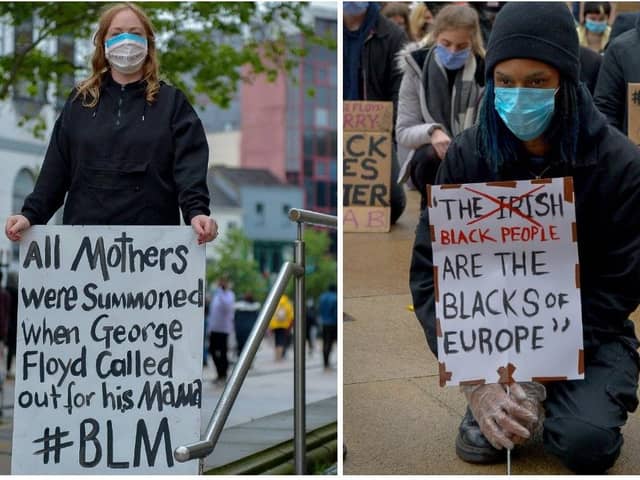 Protesters pictured with thought-provoking signs at the Black Lives Matter rally in Derry on Saturday.