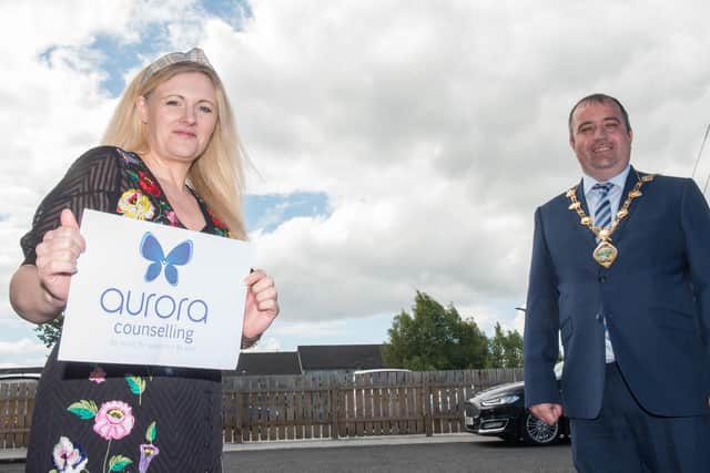 The Mayor Councillor Brian Tierney pictured with Francesca Kelly Aurora Counselling centre manager which has been announced as the Mayoral Charity. Picture Martin McKeown. 11.06.20