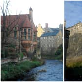 Dean village on the Water of Leith river on the outskirts of Edinburgh city centre and Edinburgh Castle.