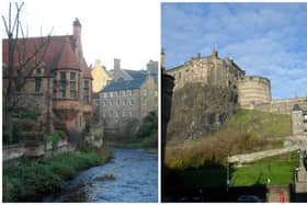 Dean village on the Water of Leith river on the outskirts of Edinburgh city centre and Edinburgh Castle.