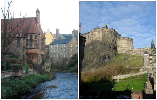 Dean village on the Water of Leith river on the outskirts of Edinburgh city centre and Edinburgh Castle.