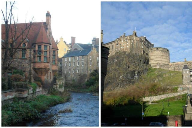 Destination Scotland: Dean village on the Water of Leith river on the outskirts of Edinburgh city centre and Edinburgh Castle.