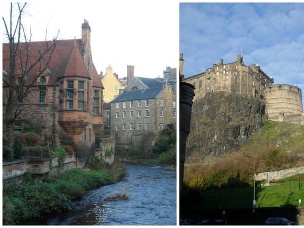 Destination Scotland: Dean village on the Water of Leith river on the outskirts of Edinburgh city centre and Edinburgh Castle.