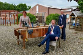 The Mayor of Derry and Strabane Colr. Brian Tierney pictured with Pauline Flangan, Service Manager Action Mental Health New Horizons and David Babington, CEO, during a visit to the charity’s facility in Springtown Industrial Estate. DER2025GS - 053