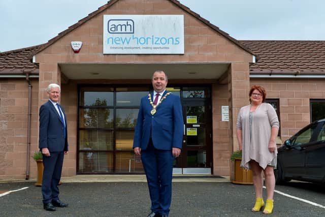 The Mayor of Derry and Strabane Colr. Brian Tierney pictured with David Babington, CEO Action Mental Health New Horizons and Pauline Flanagan, Service Manager during a visit to the charity’s facility in Springtown Industrial Estate yesterday morning. DER2025GS - 052