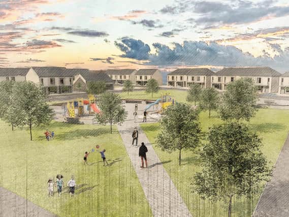 An artist's impression of the proposed play park with housing in the background.