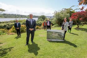 Brandon Lewis MP (second from left), Secretary of State for Northern Ireland, visits the gardens of the Brook Hall Estate in Derry, part of the site for the proposed Eden Project Foyle. He was welcomed by (from left) John Gilliland, Landowner of the Brook Hall Estate, Barney Toal and Eamonn Deane of the Foyle River Gardens charity, Karen Phillips, Director of Environment and Regeneration at Derry City and Strabane District Council, and Clare McGee of the Foyle River Gardens charity.