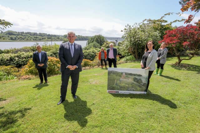 Brandon Lewis MP (second from left), Secretary of State for Northern Ireland, visits the gardens of the Brook Hall Estate in Derry, part of the site for the proposed Eden Project Foyle. He was welcomed by (from left) John Gilliland, Landowner of the Brook Hall Estate, Barney Toal and Eamonn Deane of the Foyle River Gardens charity, Karen Phillips, Director of Environment and Regeneration at Derry City and Strabane District Council, and Clare McGee of the Foyle River Gardens charity.