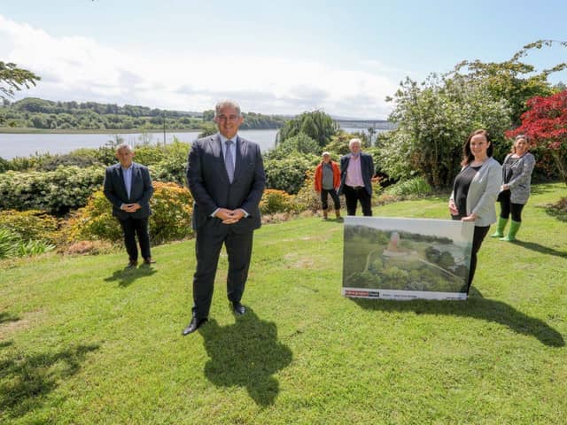 Brandon Lewis MP (second from left), Secretary of State for Northern Ireland, visits the gardens of the Brook Hall Estate in Derry, part of the site for the proposed Eden Project Foyle. He was welcomed by (from left) John Gilliland, Landowner of the Brook Hall Estate, Barney Toal and Eamonn Deane of the Foyle River Gardens charity, Karen Phillips, Director of Environment and Regeneration at Derry City and Strabane District Council, and Clare McGee of the Foyle River Gardens charity.