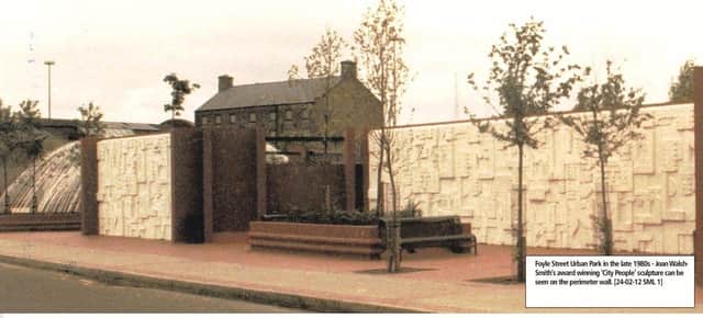 A grainy image of Foyle Street Urban Park in the late 1980s - Joan Walsh Smith’s award winning ‘City People’ sculpture can be seen on the perimeter wall.