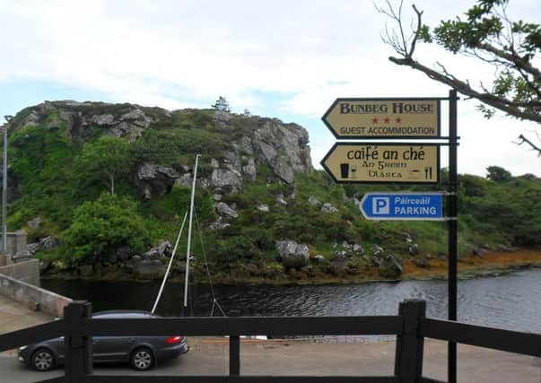 Signs in Irish and English at Bunbeg, County Donegal.