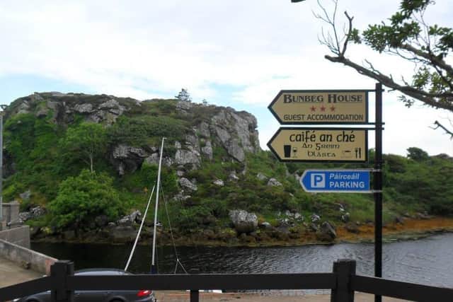 Signs in Irish and English at Bunbeg, County Donegal.