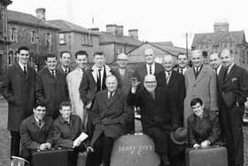The Derry City players and officials prepare to depart for Brussels on November 1965 ahead of their historic European Cup tie against Belgian giants, Anderlecht.