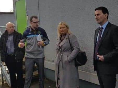 Karen Mullan, speaking to Fiachra Donghaile, headmaster at Gaelscoil Na Darige, during a recent pre-COVID visit.