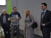 Karen Mullan, speaking to Fiachra  Donghaile, headmaster at Gaelscoil Na Darige, during a recent pre-COVID visit.
