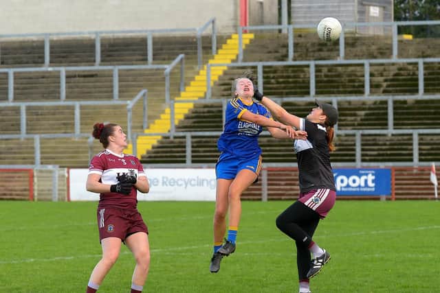 Steelstown Brian Ogs' Aoife Collins scores the only goal of the 2021 Derry Ladies Senior Championship final in Celtic Park. Photo: George Sweeney