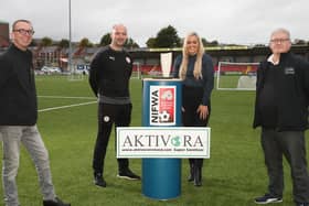 Paddy McLaughlin is pictured with NIFWA Chair Ruth Gorman, Aktivora Director Mark Forsythe (left) and sales agent Tommy Kincaid.