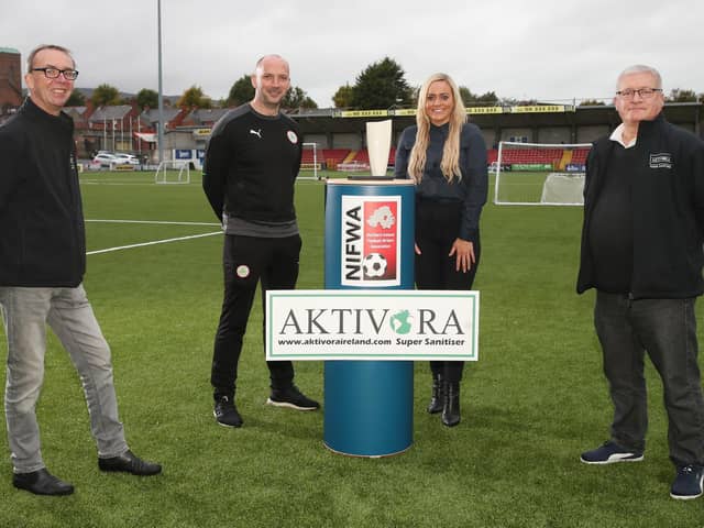 Paddy McLaughlin is pictured with NIFWA Chair Ruth Gorman, Aktivora Director Mark Forsythe (left) and sales agent Tommy Kincaid.