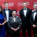 DSCF7972 – (L-R) Sarah Travers, host; Colin Mullan, Find Insurance; Derry Chamber President Dawn McLaughlin; Tony Connelly, RTÉ Europe Editor; and Derry Chamber CEO Paul Clancy.