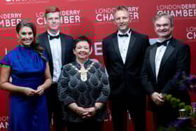 DSCF7972 – (L-R) Sarah Travers, host; Colin Mullan, Find Insurance; Derry Chamber President Dawn McLaughlin; Tony Connelly, RTÉ Europe Editor; and Derry Chamber CEO Paul Clancy.