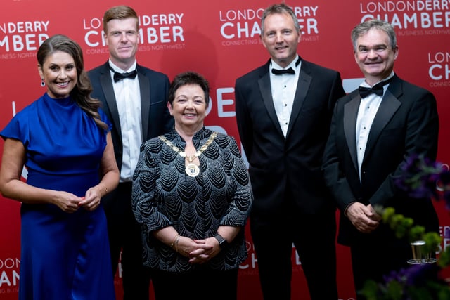 DSCF7972 – (L-R) Sarah Travers, host; Colin Mullan, Find Insurance; Derry Chamber President Dawn McLaughlin; Tony Connelly, RTÉ Europe Editor; and Derry Chamber CEO Paul Clancy.