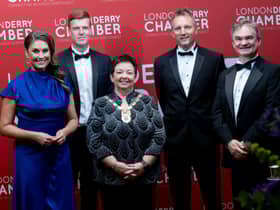 DSCF7972 – (L-R) Sarah Travers, host; Colin Mullan, Find Insurance; Derry Chamber President Dawn McLaughlin; Tony Connelly, RTÉ Europe Editor; and Derry Chamber CEO Paul Clancy.