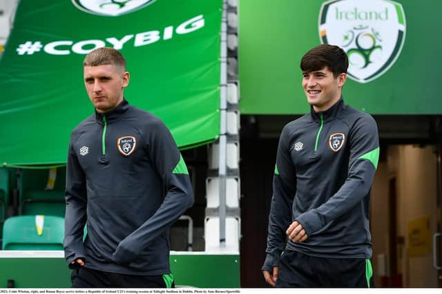 Ronan Boyce and UCD striker Colm Whelan pictured training with the Ireland U21 squad.