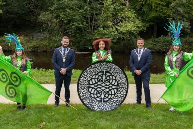 Councillor Jack Murray, Cathaoirleach of Donegal County Council with Alderman Graham Warke, Mayor Derry City & Strabane District Council, pictured at Swan Park with members of the Inishowen Carnival Group.