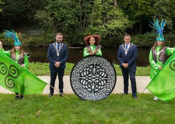 Councillor Jack Murray, Cathaoirleach of Donegal County Council with Alderman Graham Warke, Mayor Derry City & Strabane District Council, pictured at Swan Park with members of the Inishowen Carnival Group.