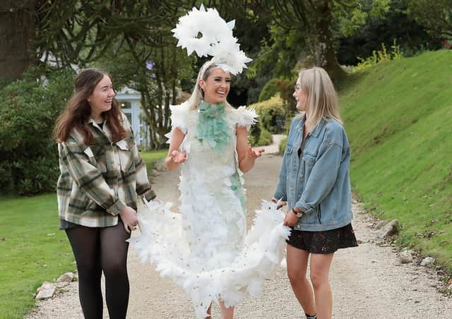 Pictured are last year's overall winning design Synergy, modelled by Bronach Harkin, and designed by Robyn O Donnell and Orlaith Doherty (also pictured), from Carndonagh Community School, Donegal.Pic: Brian McEvoy