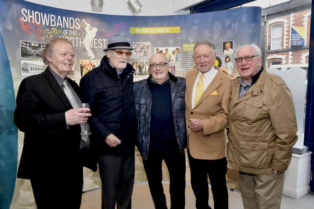 Pictured several years back at the opening of the Showbands of the North West exhibition in The Garden of Reflection were, from left, George Hasson, Gay McIntyre, Frankie Robinson, Phil Coulter and Johnny Quigley. DER1018-137KM