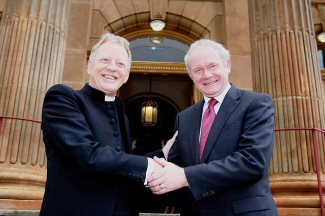 2011... Rev. David Latimer and Martin McGuinness outside First Derry Presbyterian.