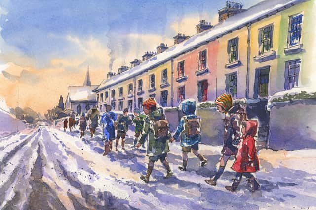 Another of Bridget Murray’s paintings portrays schoolchildren walking along Lone Moor Road in the snow.